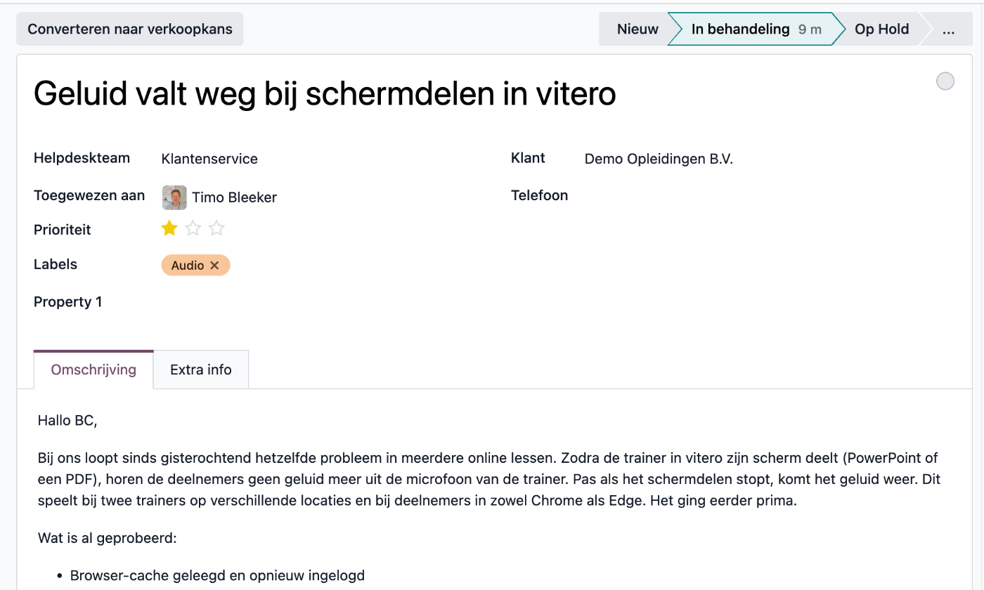 Supportflow in BC's Odoo-helpdesk: ticket met klantvraag, status In Progress en toegewezen behandelaar