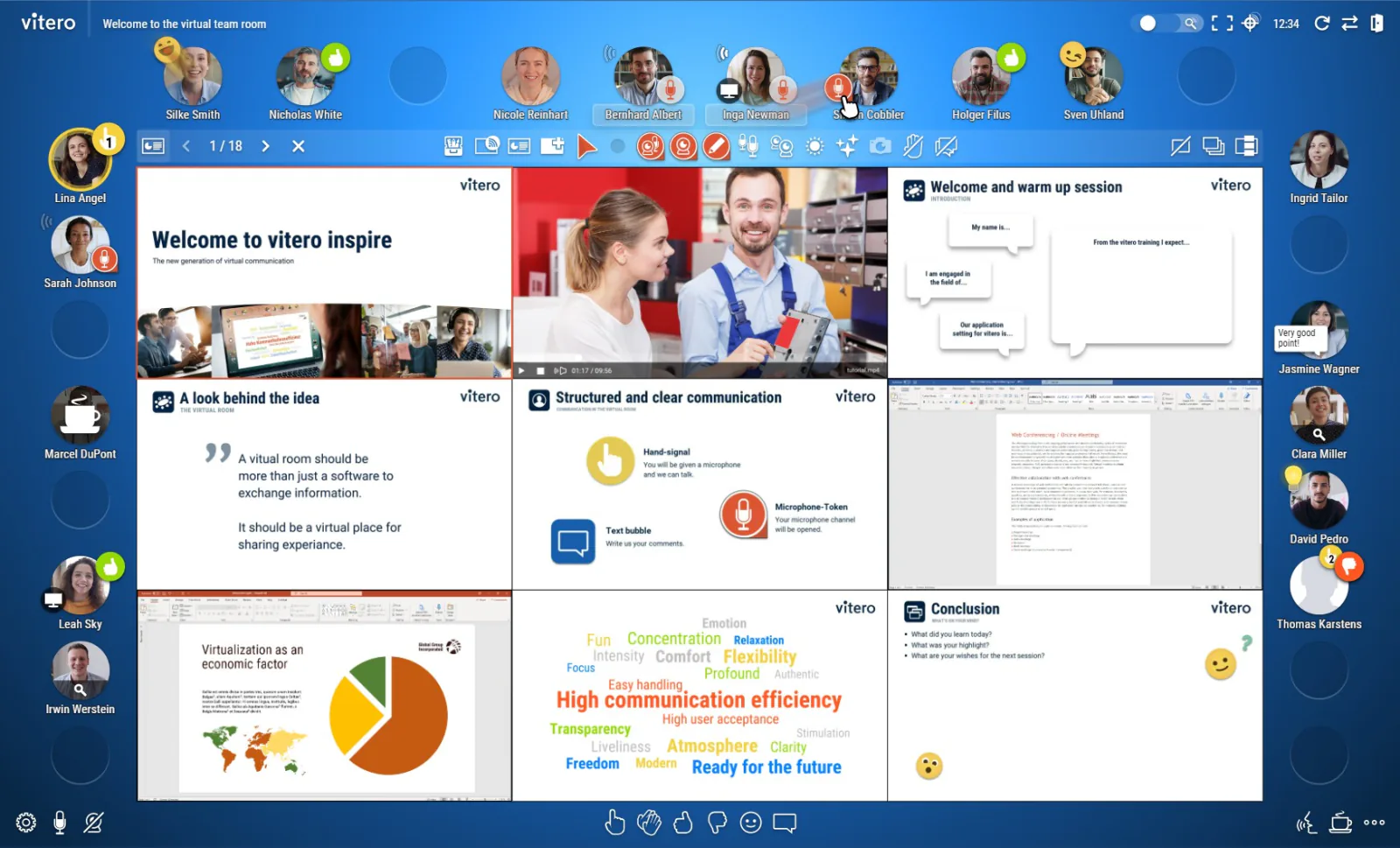 Materiaalbibliotheek in vitero: raster van negen voorbereide slides en content-blokken, deelnemer-tegels bovenin de team room.