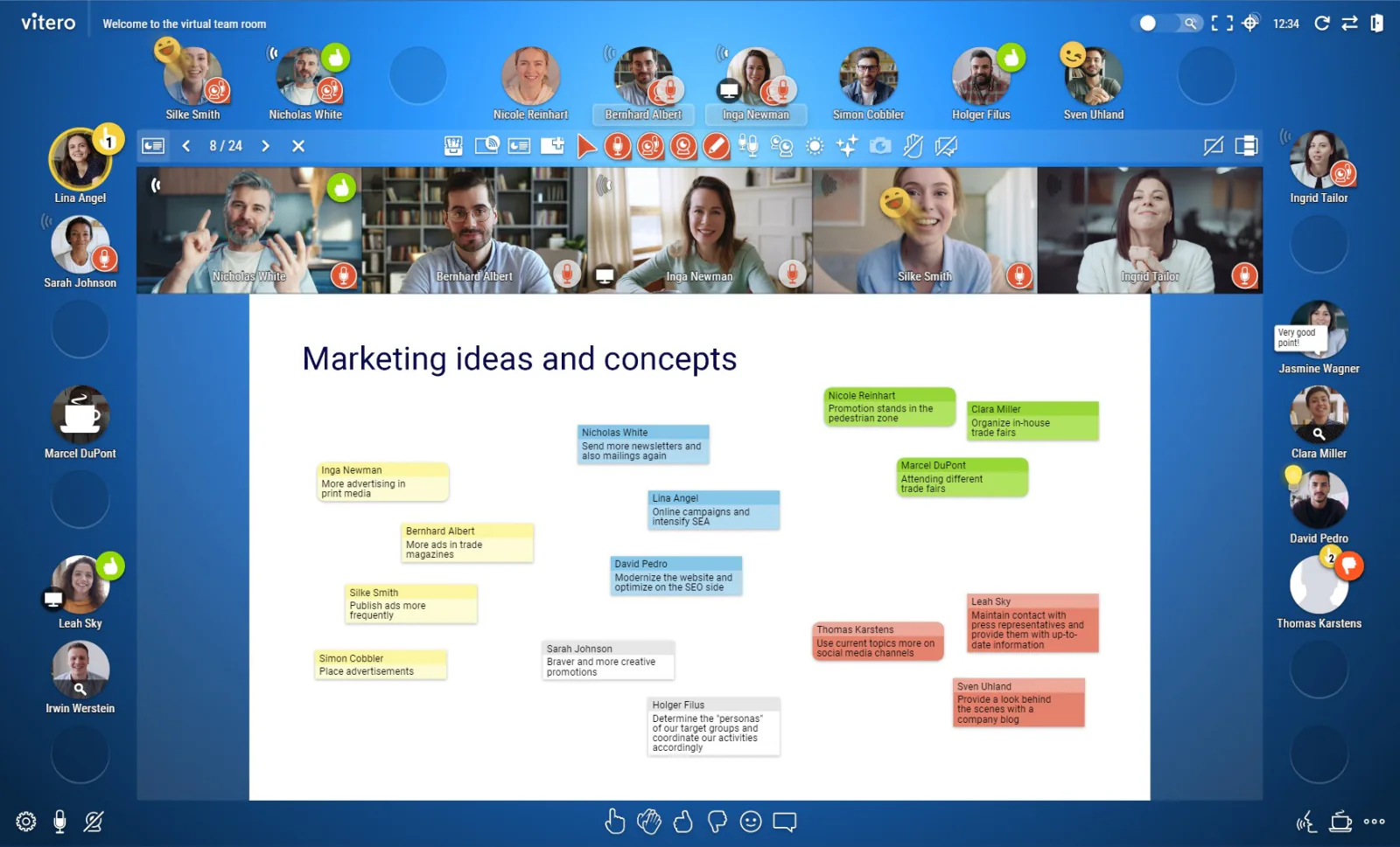 Vitero team room met een whiteboard "Marketing ideas and concepts", bovenin een rij van tien webcam-tegels en op de werkvloer gekleurde notitiekaartjes van de deelnemers.