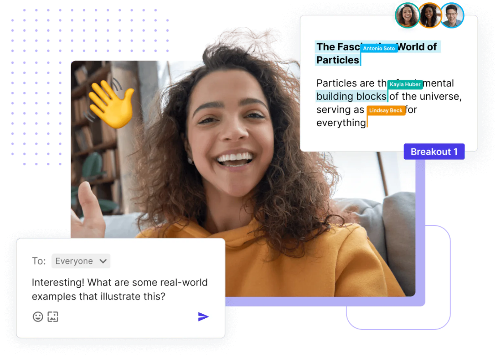 Class Breakout met text-highlight-functie: zinnen uit een artikel gemarkeerd met deelnemer-labels, chat-paneel linksonder.