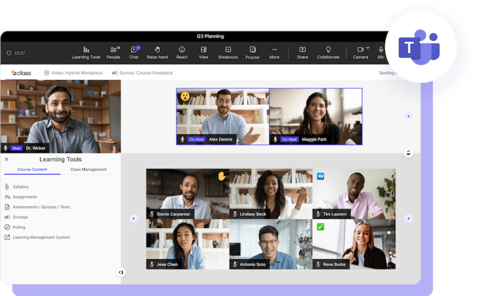 Class binnen Microsoft Teams: Learning Tools-paneel open met Course Content en Class Management, deelnemer-gallerij, Teams-logo rechtsboven.