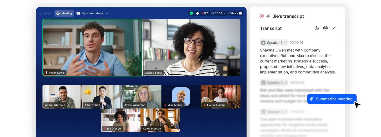 Zoom-vergadering met twee sprekers en zes deelnemer-tegels onderin, Jies transcript-paneel rechts met Live-recording-indicator en knop Summarize meeting.