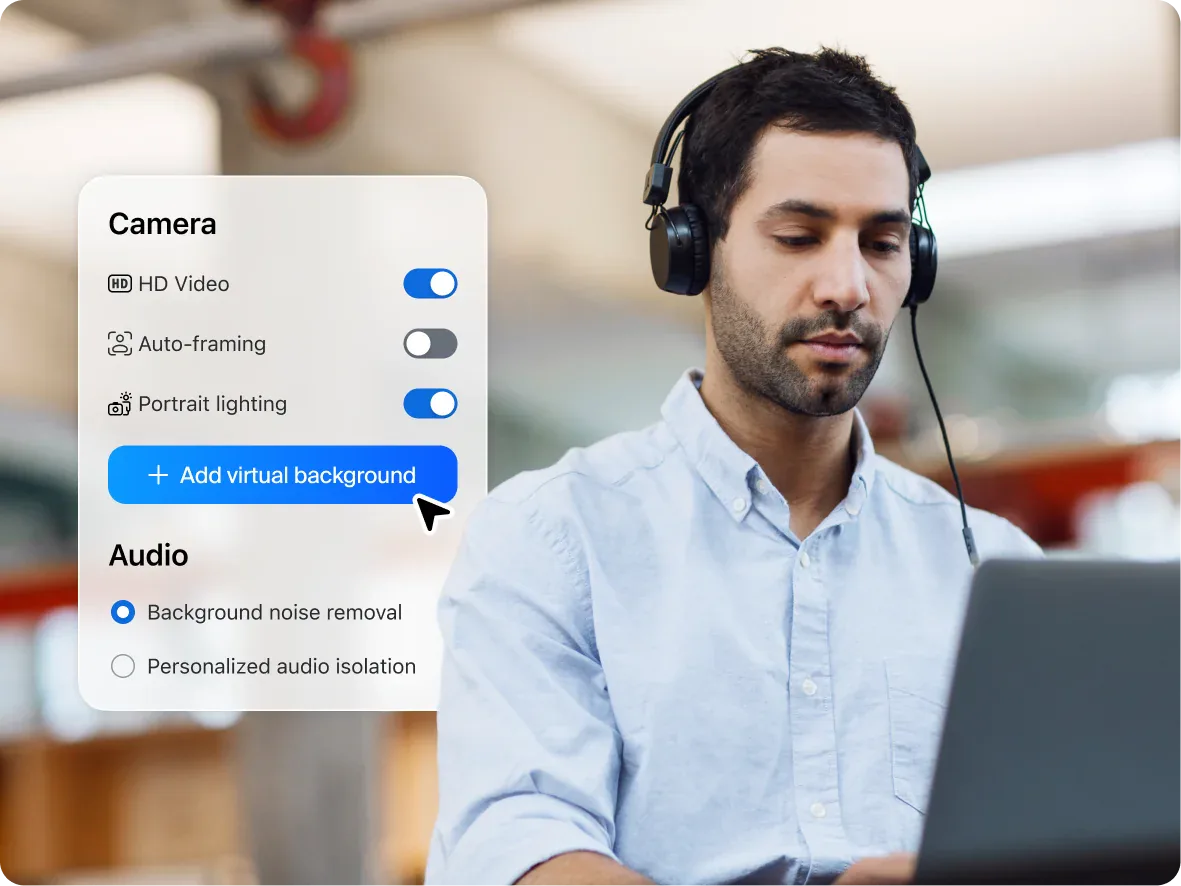 Zoom camera- en audio-instellingen in een pre-meeting dialoog: preview van de deelnemer, mic- en speaker-selectie.
