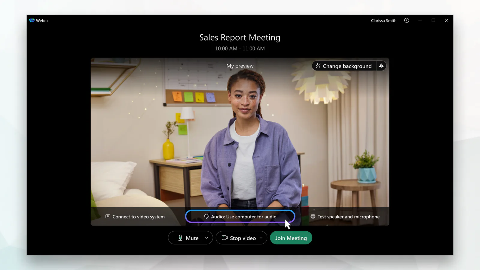 Webex Meetings preview-venster: deelnemer met headset, Audio-knop uitgeklapt, Join Meeting-knop.