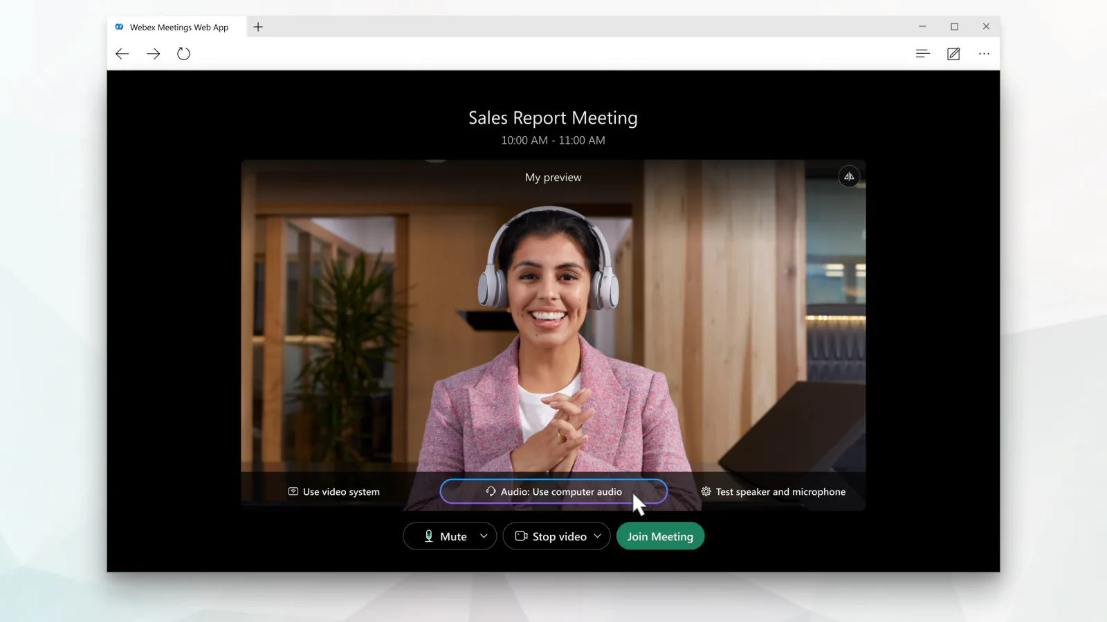 Webex Meetings Web App: preview-venster voor Sales Report Meeting met Audio-knop, Mute en Stop video, Join Meeting-knop.