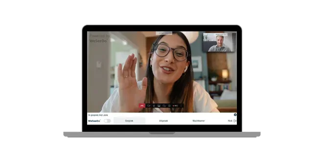 WeSeeDo-videogesprek in een vertrouwelijke omgeving: hulpverlener en client in beeld, met secure-conversation-indicatie.