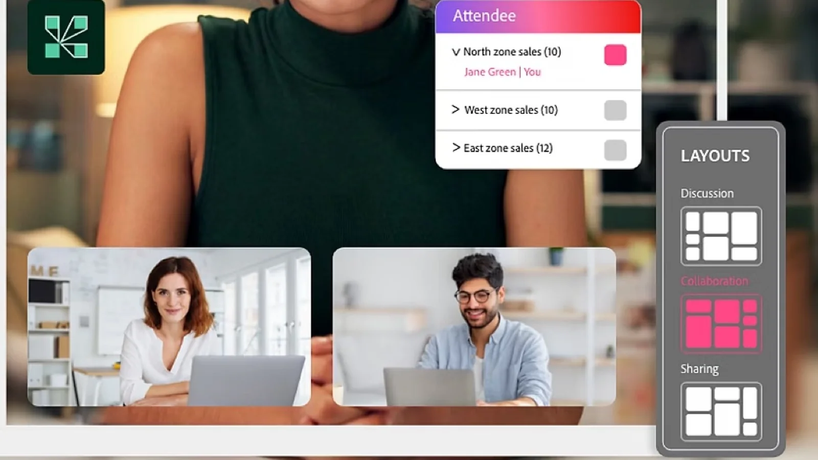 Adobe Connect: deelnemerslijst in groepen en keuze uit lay-outs Discussie, Samenwerking en Delen.