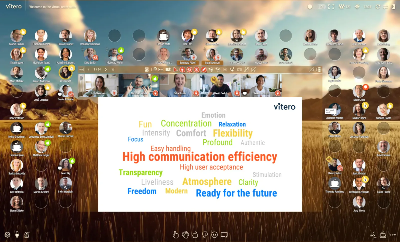Vitero in gebruik voor een groot online event: team room met 121 deelnemer-avatars en vijf webcams in de centrale rij, tegen een wheat-field-ambience.