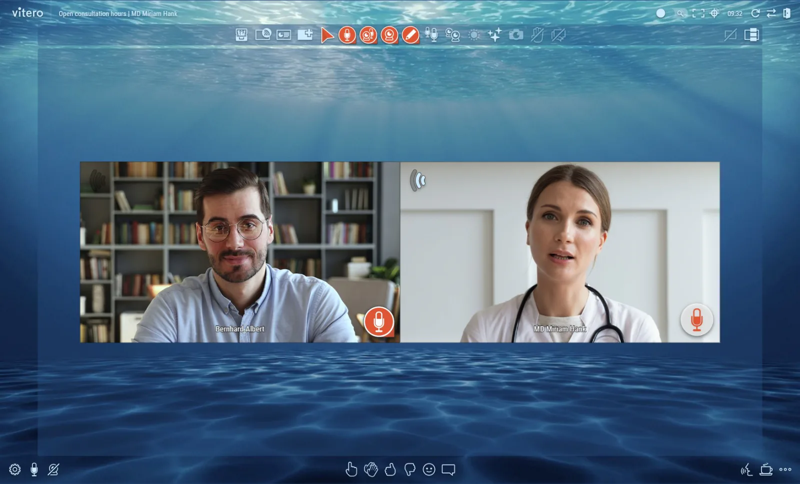 Vitero in gebruik voor een eHealth-consultatie: twee video-tegels (patient en arts met stethoscoop) tegen een underwater-ambience.